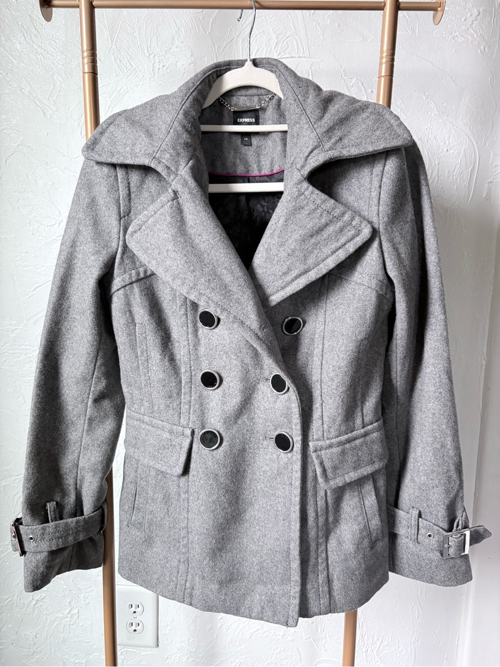 Express Wool Blend Double Breasted Peacoat Gray Size XS